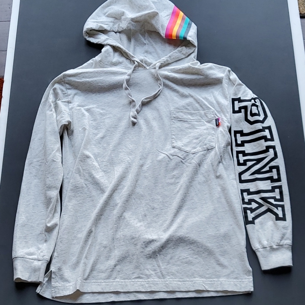 PINK Oversized Long Sleeve Hooded Drawstring Tee